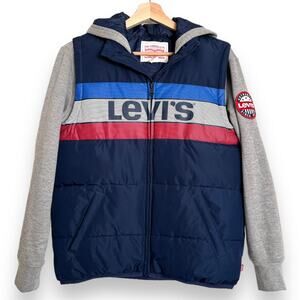 Levi’s Spell Out Logo Full Zip Blue and Gray Puffer Vest Hoodie Boys Size L